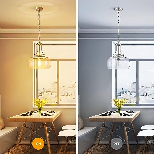 Chandelier Rustic Farmhouse Industrial Round Ceiling Pendant LED Light Fixture Clear Seeded Glass Shade for Dining Room Kitchen Island Foyer Entryway