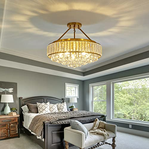 6 Light Modern Large Crystal Chandelier Gold Metal E26 Semi Flush Mount Round Ceiling Light Fixture Ceiling Lamp Farmhouse for Dining Room Living Room Laundry Room Foyer Kitchen Bedroom
