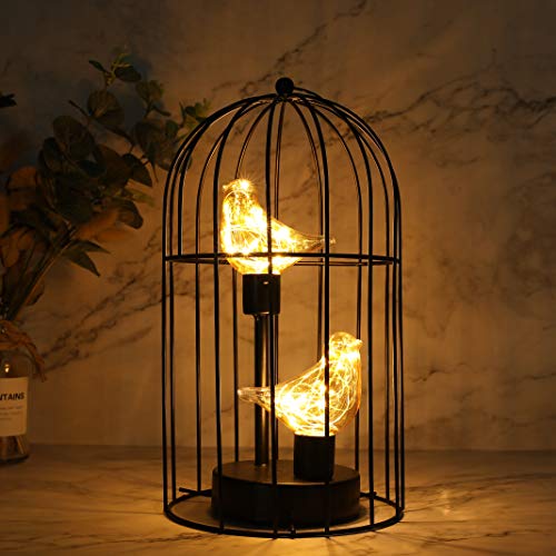 Birdcage Decorative Lamp Battery Operated 12" H Cordless Table Lamp with Warm White Fairy Lights Bird Bulb for Indoor Bedroom Living Room Home Wedding Xmas