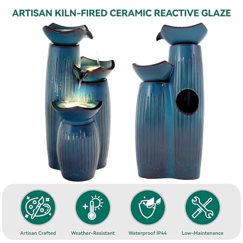 30" Ceramic Outdoor Water Fountain with LED Lights