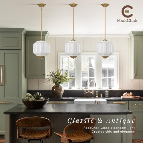 Vintage Gold Pendant Light Fixture Milk Glass Semi Flush Ceiling Light