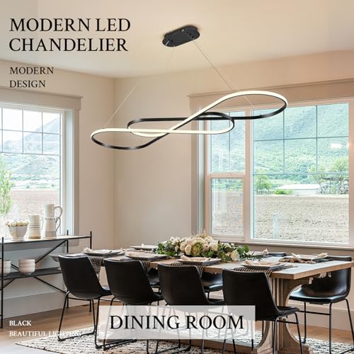 Modern LED Chandelier Black Dimmable LED Pendant Light for Dining Room Light Fixture Over Table Modern Kitchen Island Lighting High Ceiling with Remote for Living Room