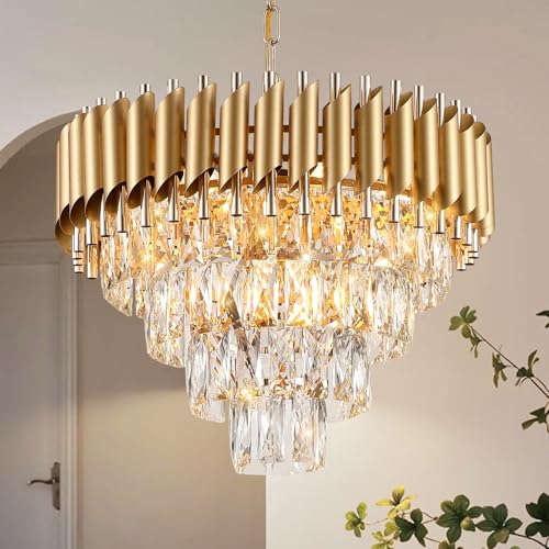Modern Crystal Chandeliers Gold 20'' Crystal Ceiling Pendant Light 4 Tiers (9 Count)