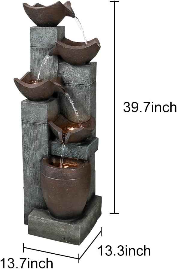 SunJet 5-Tier Modern Water Fountain, Outdoor/Indoor Resin Water Fountains with Soothing Water Sounds & Warm LED Light, Perfect for Garden, Patio, Home & Office, 13.7" L x 13.3" W x 39.7" H
