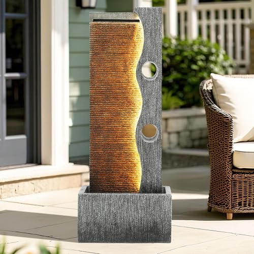 AUTODAYA 39" Zen Faux Slate Outdoor Fountain LED Cascading Waterfall