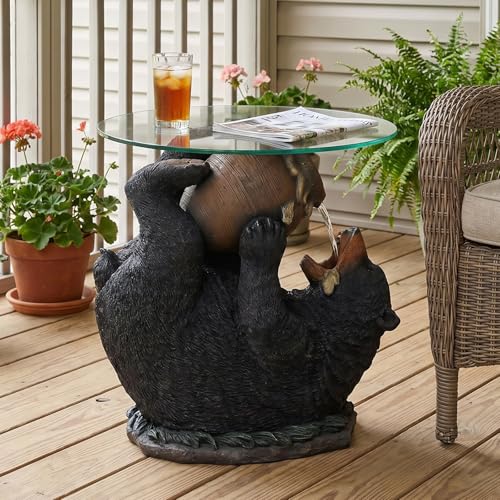 Rustic Black Bear Outdoor Water Fountain with Glass Tabletop