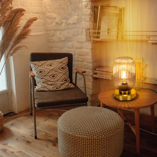 Mid Century Modern Table Lamp with Amber Ribbed Glass Shade