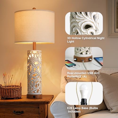 2-in-1 Light Table Lamp Set of 2 for Living Room, 28.5" Farmhouse Bedside Lamps with USB Charging Port, Main&Night Light & Dual Switches, Nightstand Lamp for Bedroom Home Office(Bulb Included) (2 Count)