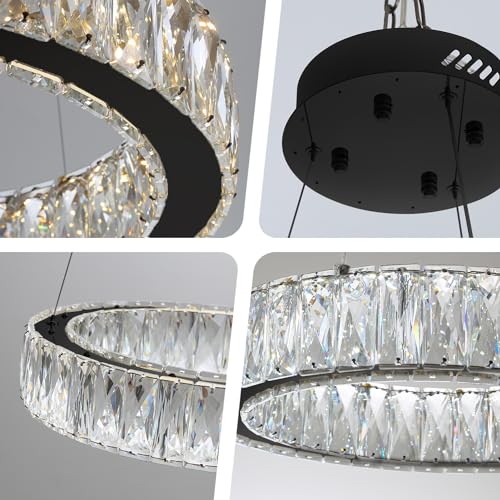 Modern LED Dimmable Crystal Chandelier 15.7in Black Ring Pendant Light Adjustable Round Crystal Chandelier Light for Dining Room Living Room