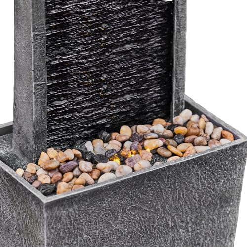38.5" Faux Slate Contemporary Outdoor LED Waterfall Fountain with Pebble Base