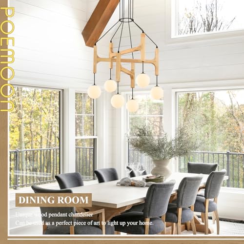 Natural 6 Light Wooden Chandelier with Milk Glass Globe L28 Inch