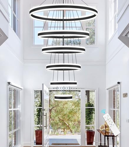 6 Rings Modern LED Chandeliers Large High Ceiling Chandelier for Foyer Black Dimmable Long Handing Lighting Fixture for Living Room Entryway Villa Staircase 3000K