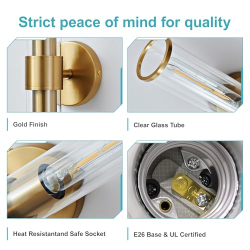 Hardwired Gold Bathroom Vanity Light Clear Glass Wall Sconce 2 Pack (2 Count)