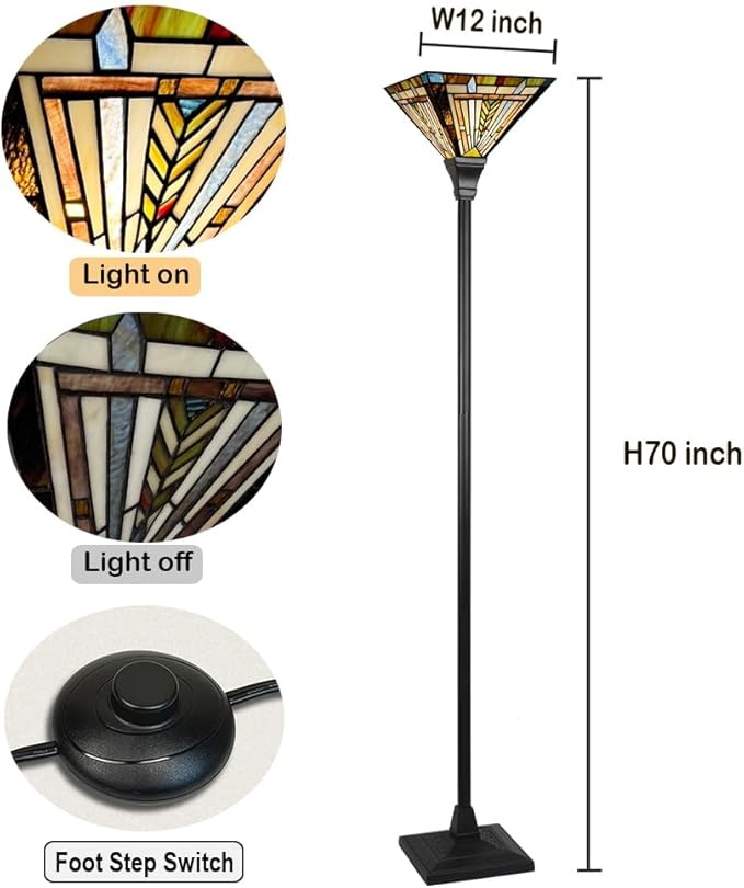 Tiffany Torchiere Floor Lamp,Stained Glass Lamp Shade,Vintage Antique Mission Tiffany Style Standing Light for Living Room and Bedroom