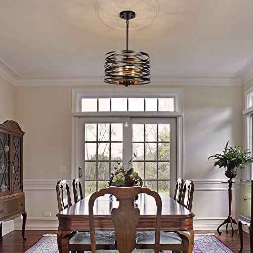 12.6'' Farmhouse Chandeliers for Dining Room, 3-Light Industrial Metal Hanging Light Fixture, Rustic Drum Pendant Light for Entryway Kitchen Foyer Bedroom, Black with Retro Wood Texture Interior