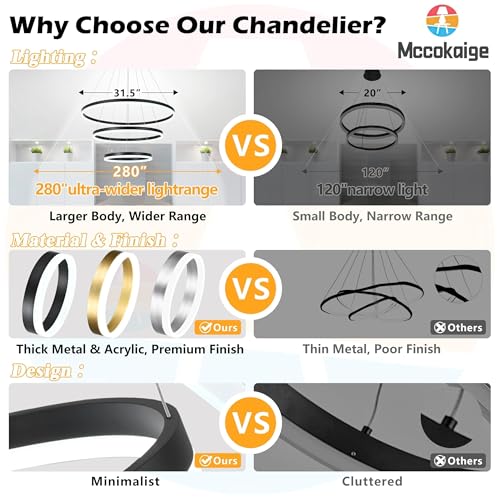 31.5" Black Modern Led Chandelier 3 Ring Modern Led Pendant Light Contemporary Ring Chandeliers Dimmable Chandeliers Color Temperature Adjustable Height Hanging Chandelier for Living Room