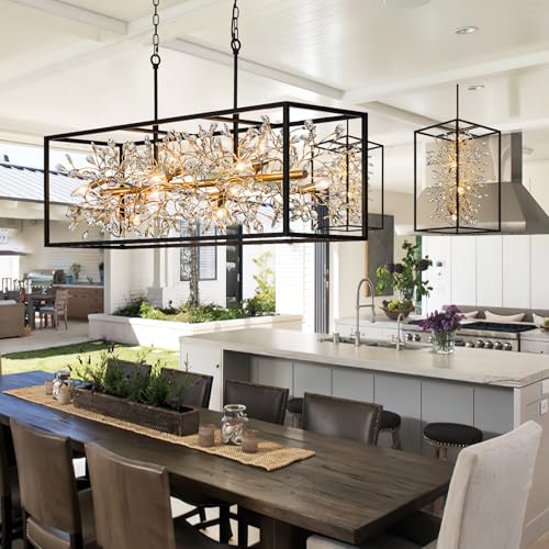Large Black and Gold Rectangle Crystal Chandelier for Dining Room