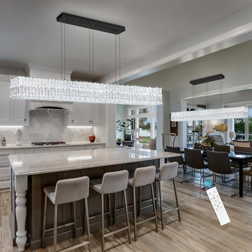 Rectangular Crystal Chandelier Dimmable LED Linear Chandeliers for Dining Room Remote Ceiling Pendants Light Fixture for Kitchen Island Black