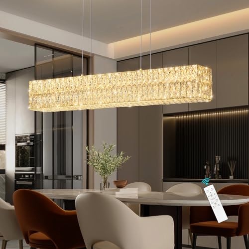 40 Inch Glam Crystal Chandelier Modern Dimmable Crystal Chandeliers LED Rectangular Ceiling Light Fixtures for Dining Room Living Room Glod
