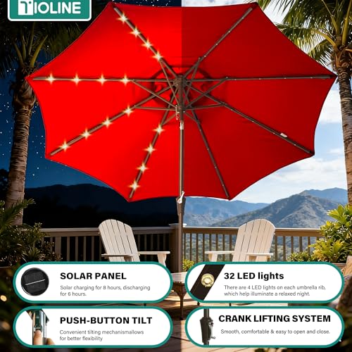 9 ft Patio Umbrella with lights Outdoor Table Umbrella for pool red