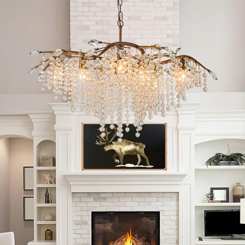 Farmhouse Tree Branch Bronze Crystal Chandelier for Dining Room