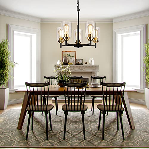 Sucolite 19.8'' Dia 5-Light Chandelier for Dining Room Kitchen Island, Modern Farmhouse Pendant Lighting with Glass Shades Black & Gold Ceiling Light Fixture for Living Room, Height Adjustable