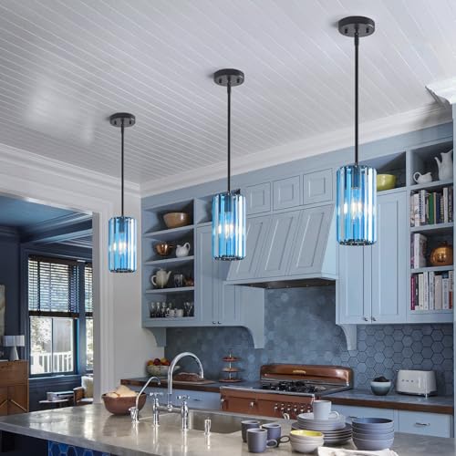 Modern Crystal Pendant Light Mini Light Blue Chandeliers Adjustable Pendant Lights Fixture for Kitchen Island Dinning Room Corridor Bedroom (3 Count)