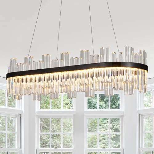 39.3" Black Rectangular Modern Led Crystal Dining Room Chandelier