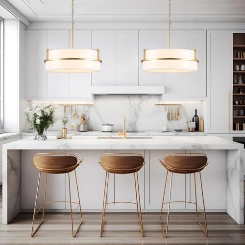 19.7" Modern Drum Pendant Light Gold Chandeliers with White Linen Shade