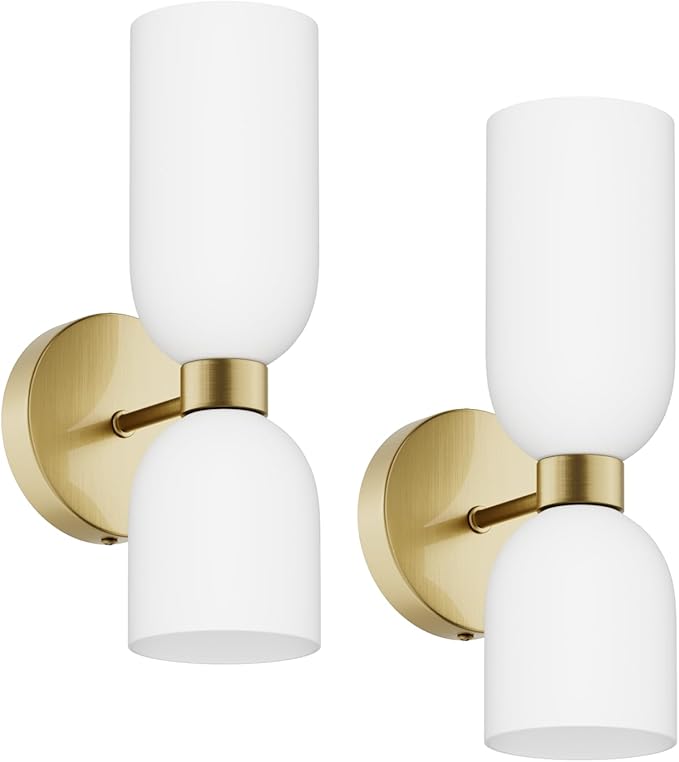 Tiapce 2 Light Modern Bathroom Light Fixtures Over Mirror,Brass Finish Vanity Lights for Bathroom Wall Sconces with Milky White Glass Shades,E12 Socket (Bulbs Not Included)