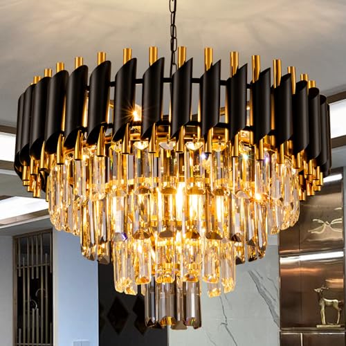 7 Light Modern Crystal Chandelier 20" Dining Room Light Fixtures 4 Tiers Flush Mount Smoke Grey and Gold Chandelier Round Chandeliers for Dining Room Living Room Kitchen Entryway Foyer
