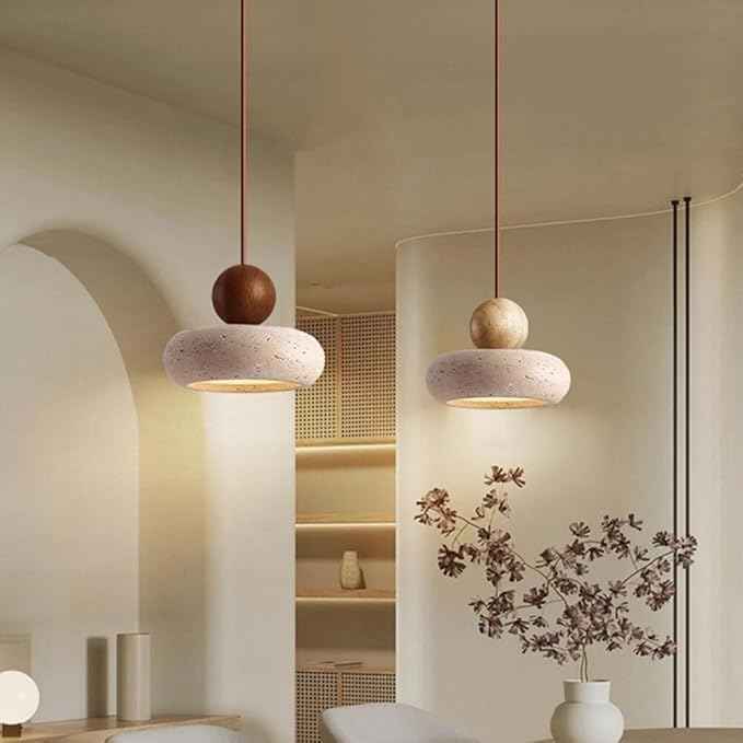 Japanese Wabi-Sabi Pendant Light Rustic Stone and Wood Modern Minimalist Chandelier Beige Natural Wood Accent Lighting Handmade Pendant Lamp for Kitchen Island, Dining Living Room(Beige)