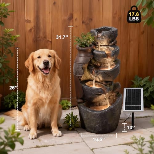 5 Tiers Solar Powered Cascading Rock Jar Water Fountain Outdoor