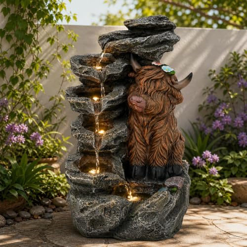 6 Tier Outdoor Water Fountain LED Waterfall with Highland Cow