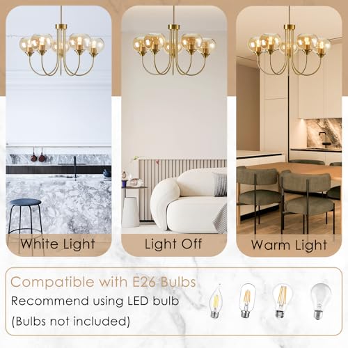 Mid Century Modern Globe Chandelier 5 Light Amber Glass Vintage Sputnik Chandeliers Gold Pendant Light Fixtures for Dining Room Kitchen Living Room Bedroom