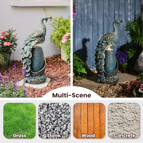 Peacock Outdoor Water Fountain 32" H Cascading Waterfall Fountain with LED Lights & Pump Tiered Water Feature for Garden
