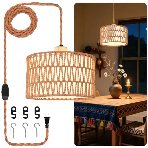 Rattan Plug in Pendant Boho Hanging Lamp with Dimmer Switch Woven Light Fixture Small Chandelier Ceiling Light with Plug in Cord for Bedroom Living Room Kitchen Island