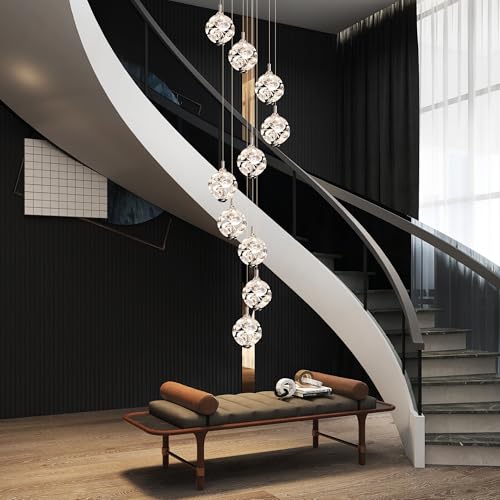 10 Light High Ceilings Long Chandeliers Modern Crystal Staircase Chandelier Hanging Flush Mount Lighting Fixtures Long Raindrop Hanging Chandeliers for Staircase (127 Count)