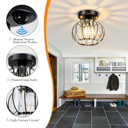 Indoor Motion Sensor Ceiling Light Fixture Modern Cryatal Semi Flush Mount Ceiling Light Black Ovrehead Light Fixture for Porch Hallway Front Entryway Kitchen Hall Garage