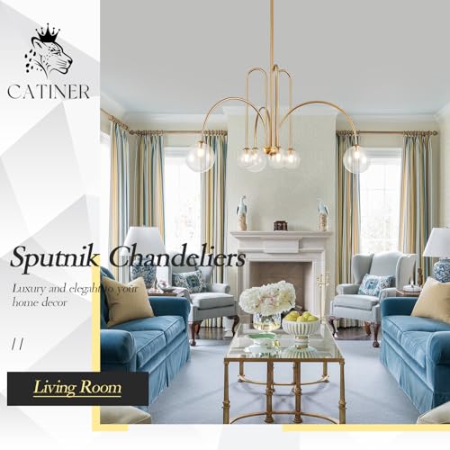 Modern 40" 6 Light Gold Sputnik Chandelier with Clear Glass Globe
