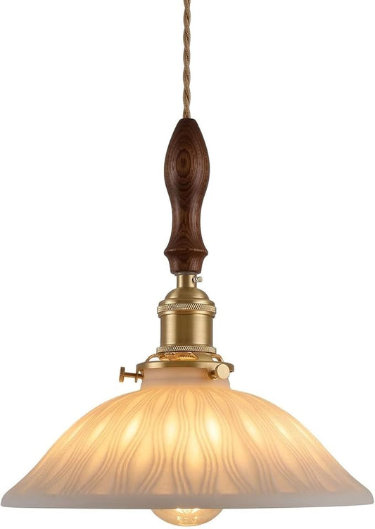 Pendant Light Hanging Lamp Ceiling Light Fixture Pleated Ceramic Shade Walnut Wood Accent Pure Brass Hardware 9.25 Inch for Kitchen Island Dining Room Bedroom Bedside Hallway Corridor Bar(A)