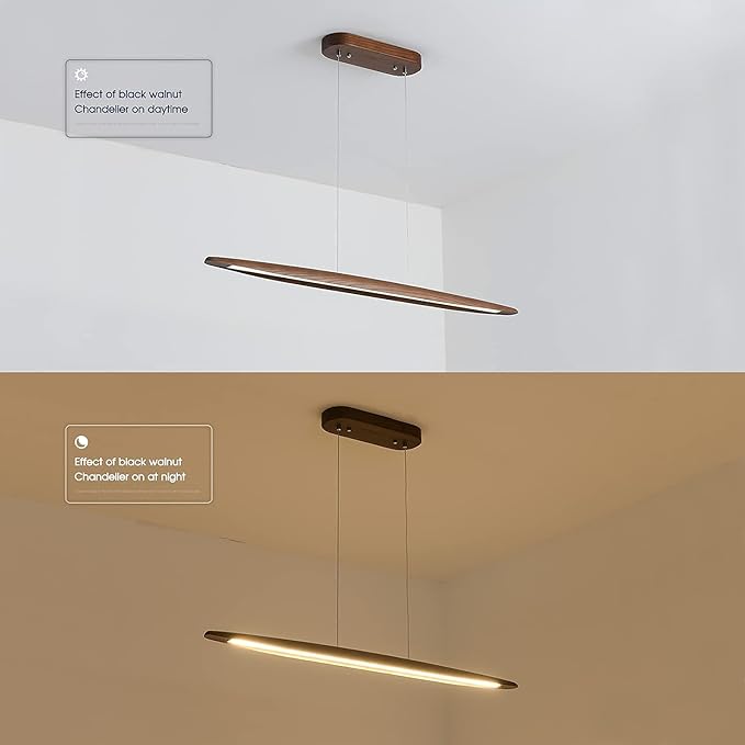 39" Wood Linear Pendant Light LED Dimmable Hanging Light Dinning Room Light Fixture Island Lights 24w for Dining Room Kitchen Island Bar Walnut Color - Aura Lighting