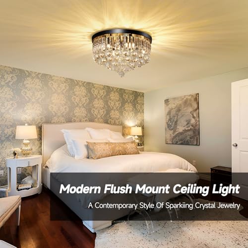 8 Light Modern Crystal Chandelier Black Metal G9 Base Flush Mount Round Light Fixture Ceiling Lamp Farmhouse for Dining Living Room Laundry Foyer Kitchen Balcony Bedroom