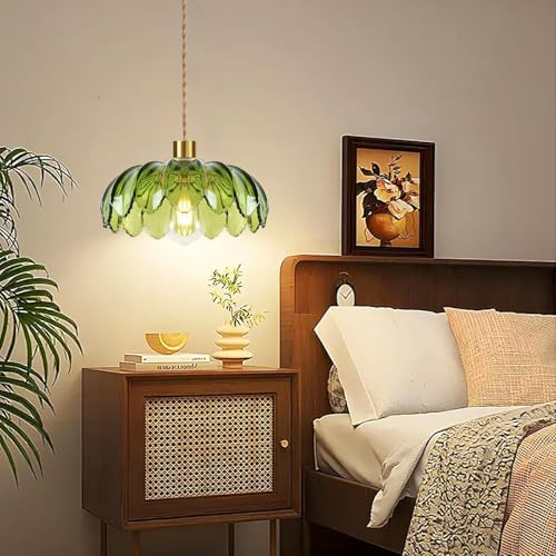 Plug in Pendant Light Hanging Lights with Plug in Cord Boho Hanging Lamp Glass Gold Mid Century Modern Vintage Dimmable Green Flower Plug in Chandelier Ceiling Fixture for Living Room