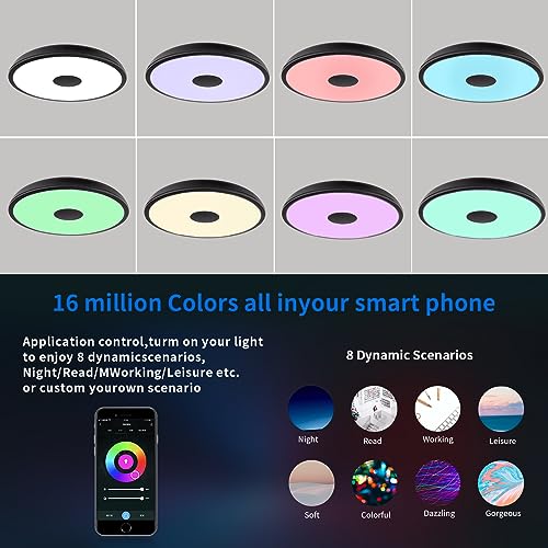 Black Smart Waterproof LED Flush Mount Ceiling Light Fixture