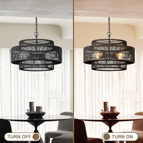 17.7" Black Large Boho Rattan Chandeliers for Dining Room