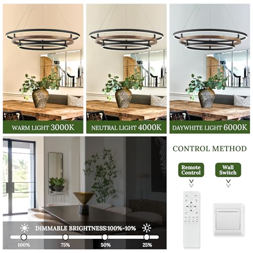 3 Ring LED Chandelier Modern Chandeliers Walnut Wood Black Dimmable 31''