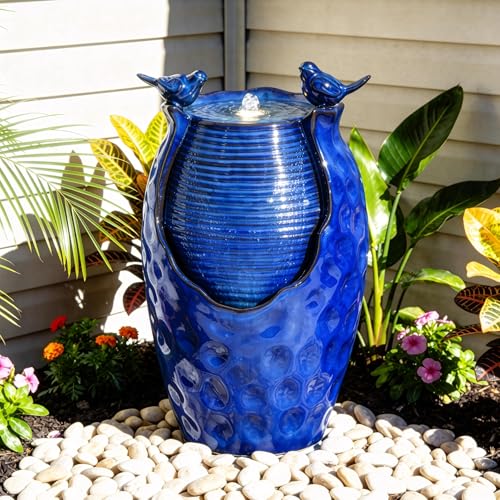 Autodaya 25" Ceramic Jar Outdoor Water Fountain with Hammered Texture
