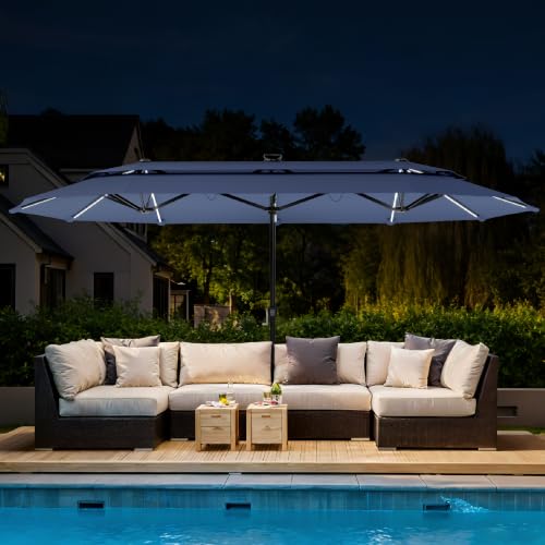 13ft 2 Tier Patio Umbrella with Solar Lights&Base