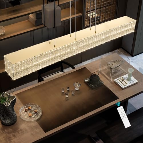 Rectangular Crystal Chandelier Dimmable LED Linear Chandeliers for Dining Room Remote Ceiling Pendants Light Fixture for Kitchen Island Gold